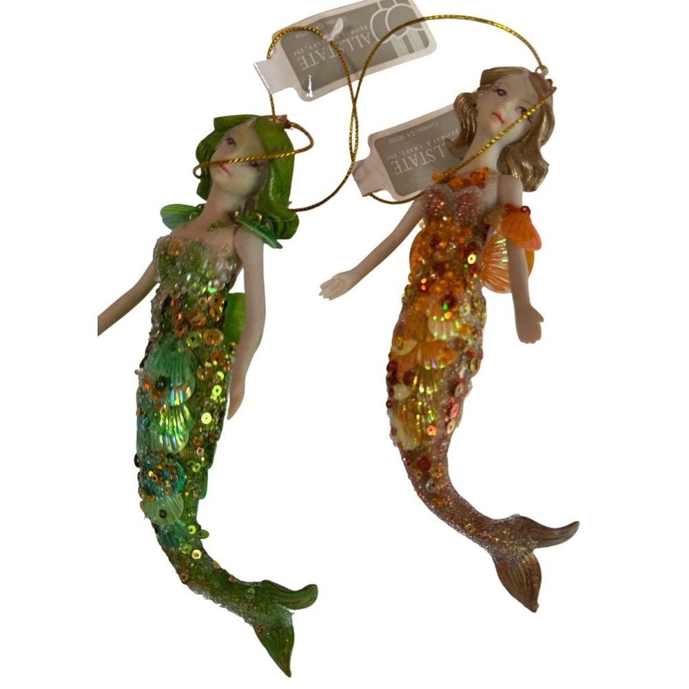 Allstate Mermaid Holiday Ornaments Orange & Green Sequined 6.5 Inch Set Of 2 - Picture 5 of 5